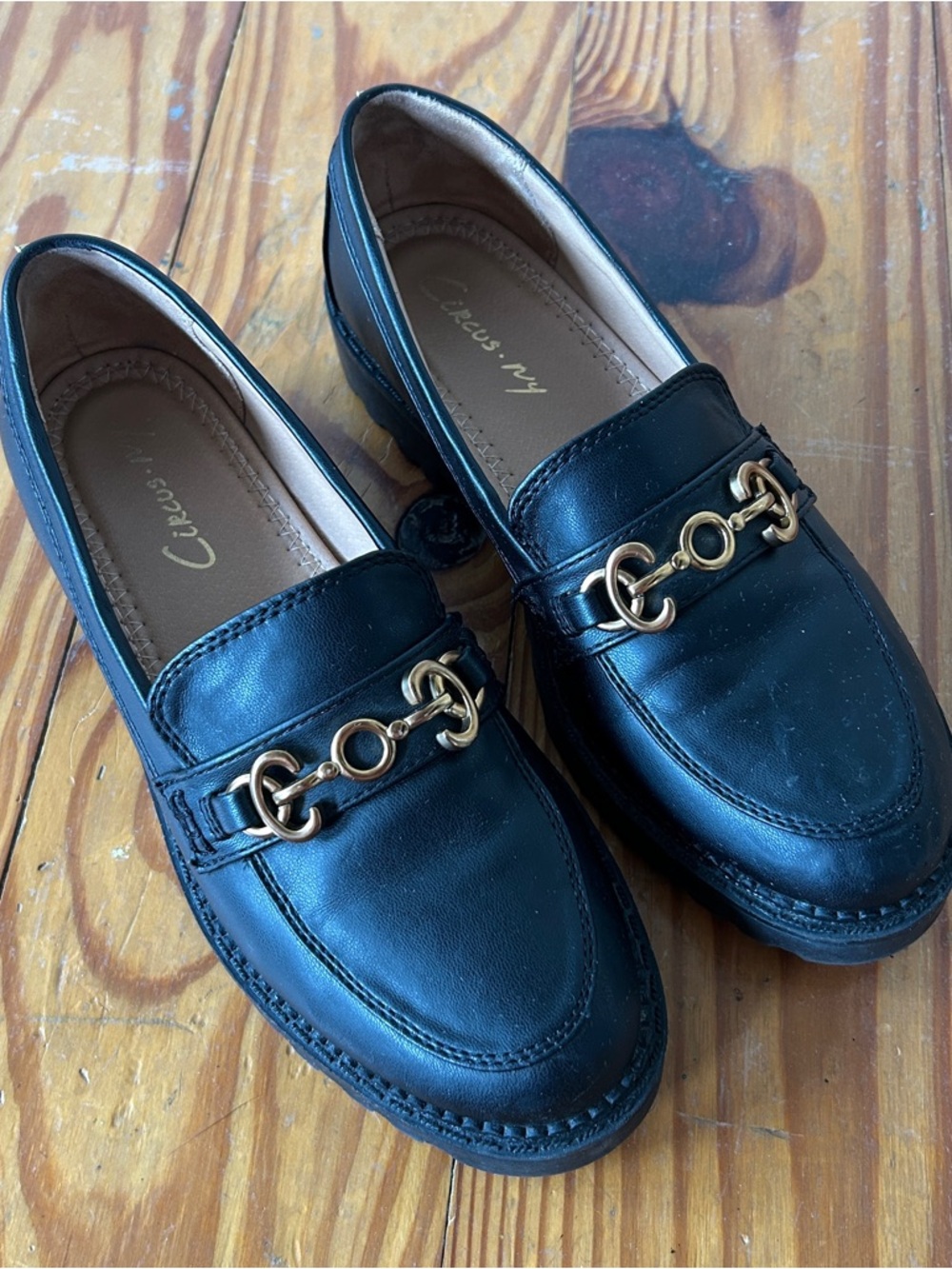 Circus by Sam Edelman Black Leather Chain-Accent Loafers